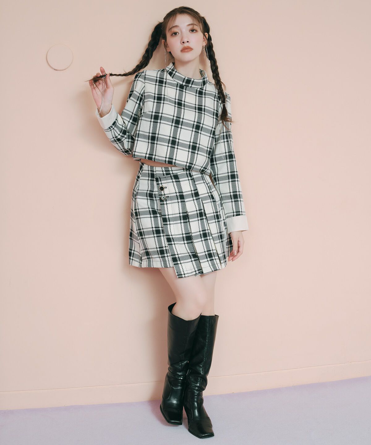 REDYAZEL「チェックハイネックコンパクトブラウス」|シャツ・ブラウス|