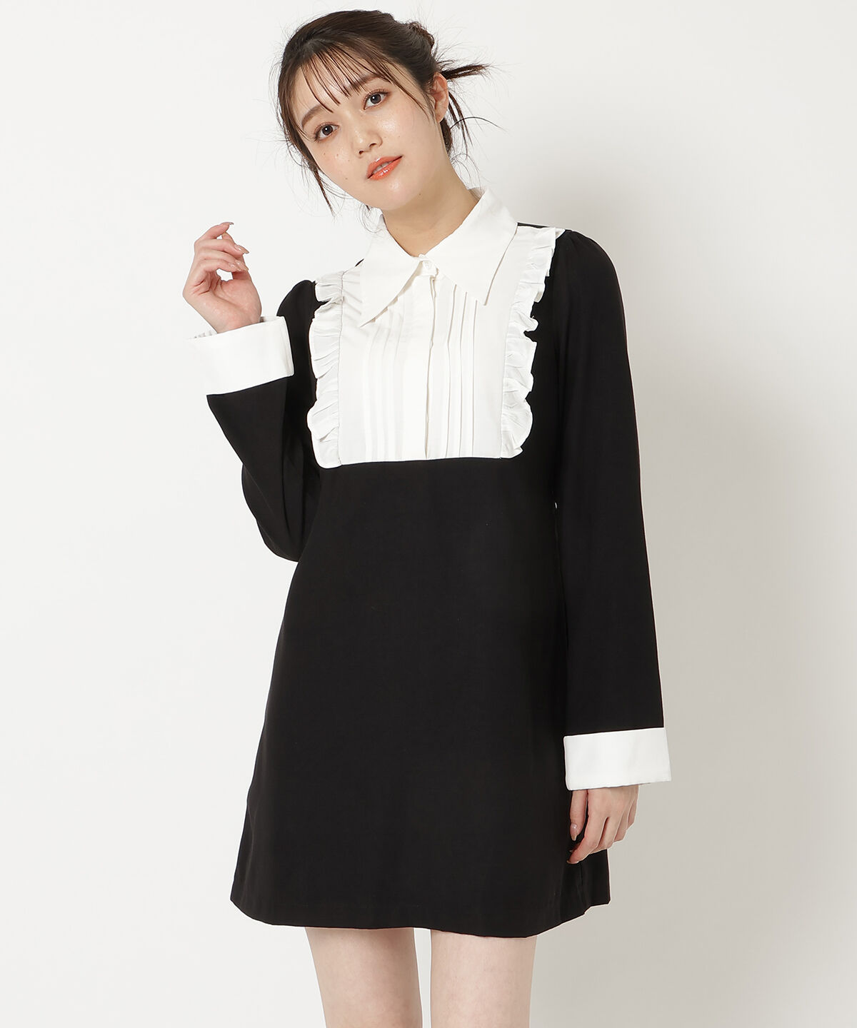 REDYAZEL「バイカラーシャツミニワンピース」|ワンピース|ブラック