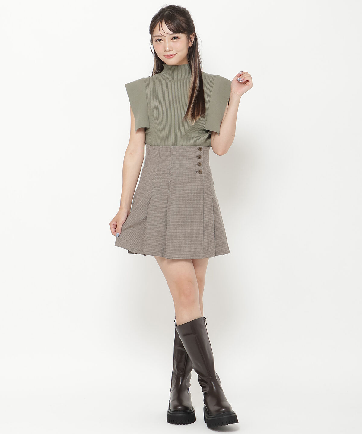 REDYAZEL「ハイウエストタックチェックミニスカート」|フレア|
