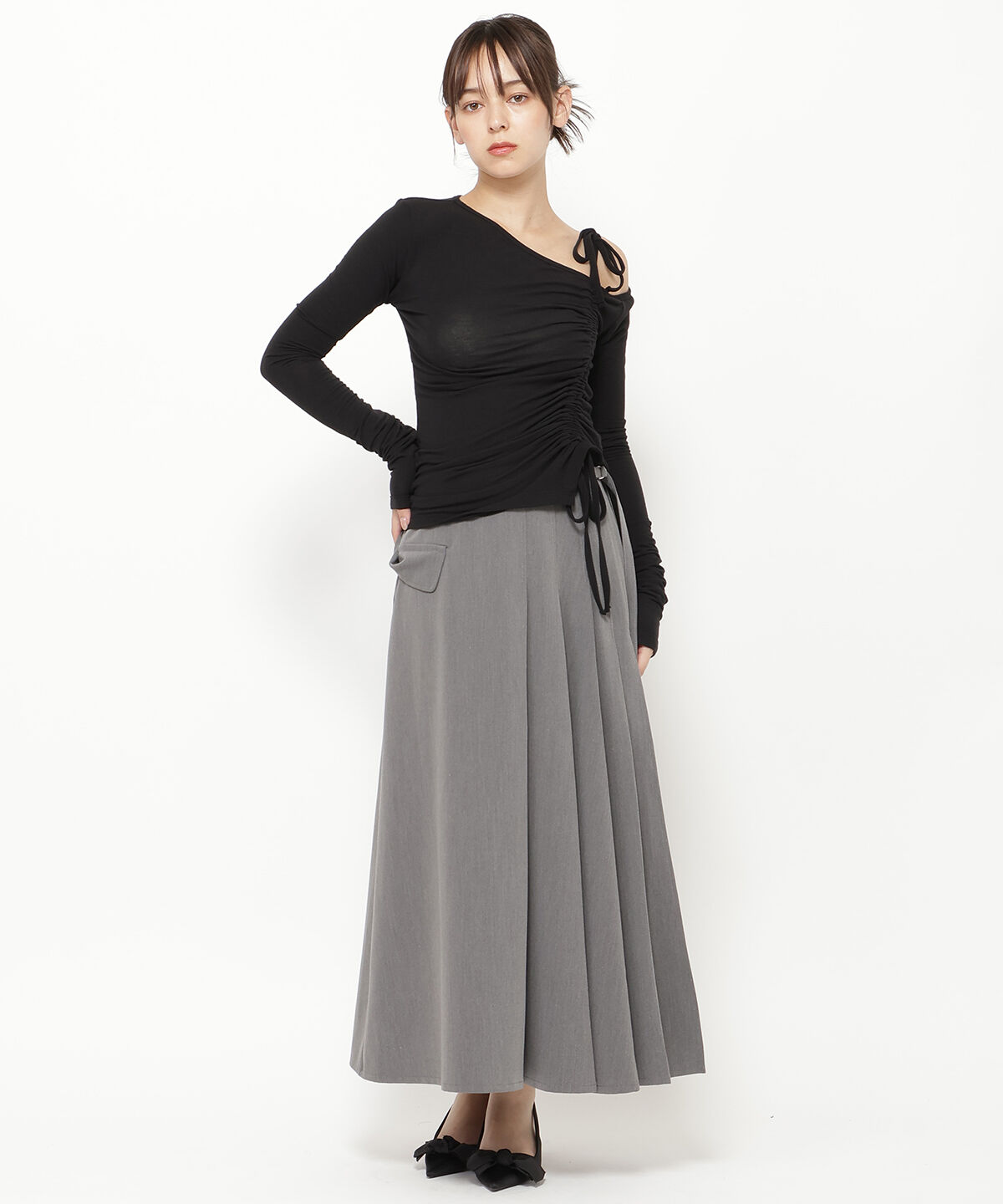 REDYAZEL「シャーリングリボンアシメトップス」|Tシャツ・カットソー|