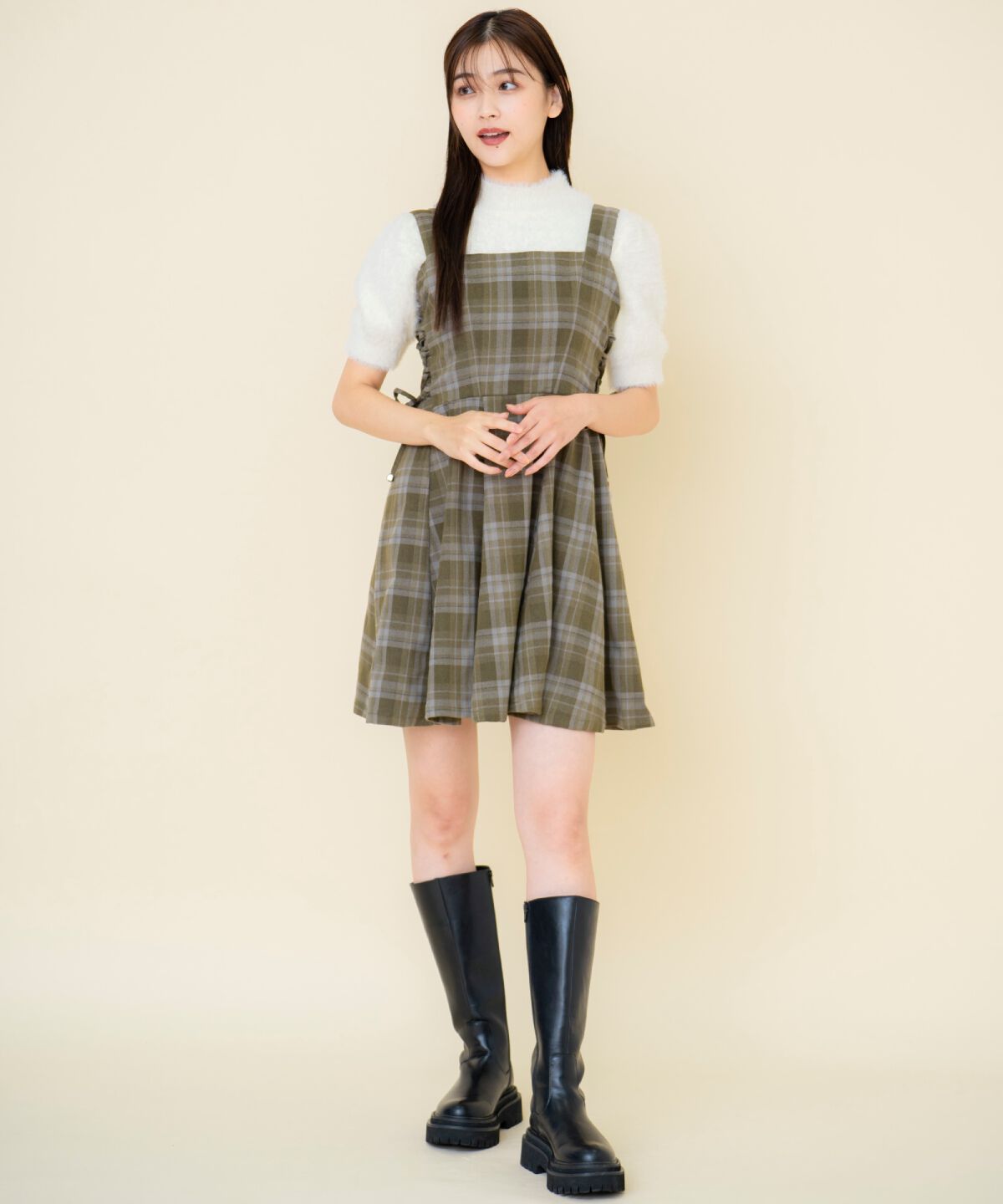 REDYAZEL「チェックドロストミニワンピース」|ワンピース|グレー