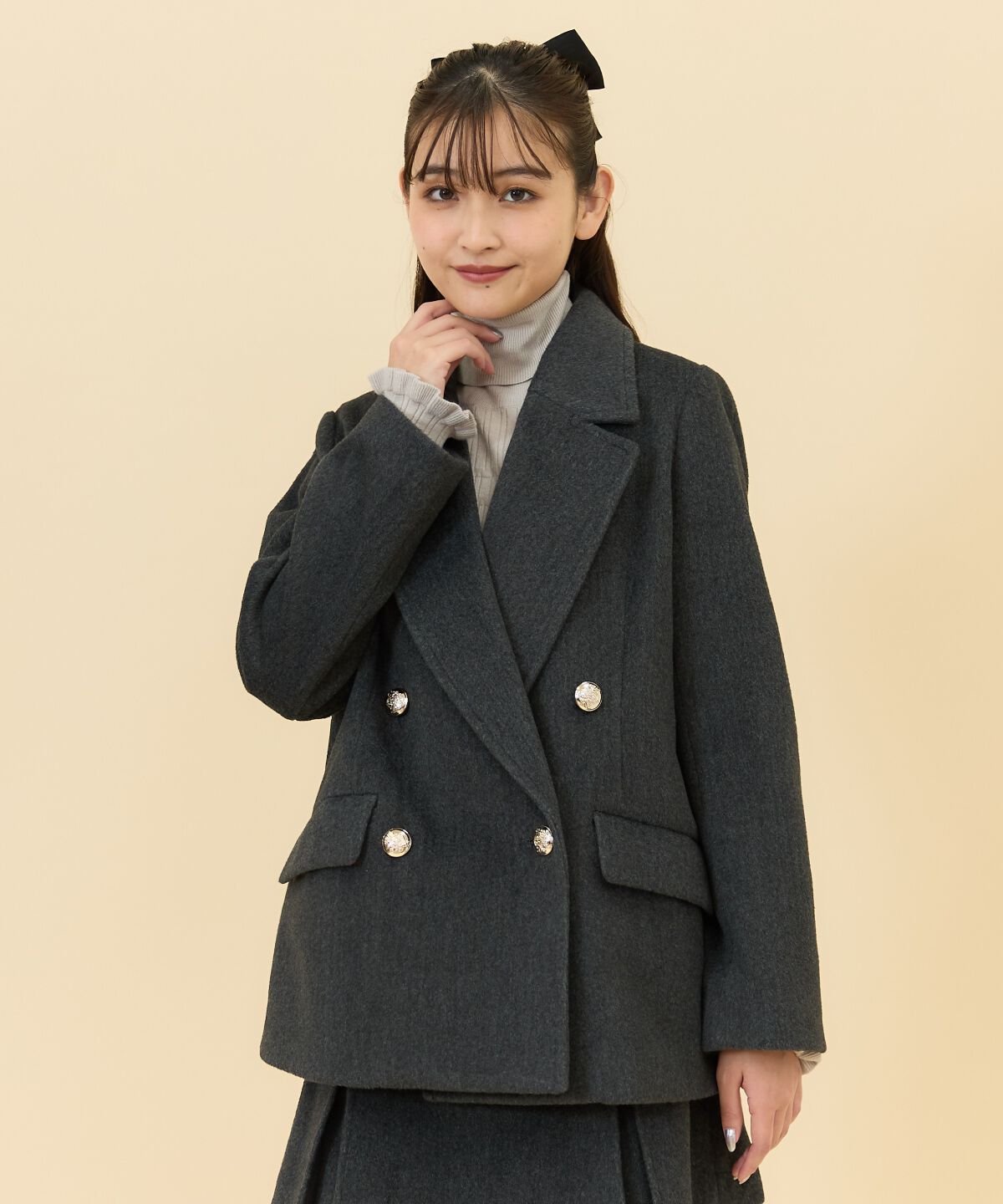 REDYAZEL「カットメルトンダブルショートコート」|ステンカラーコート|ﾁｬｺｰﾙｸﾞﾚｰ