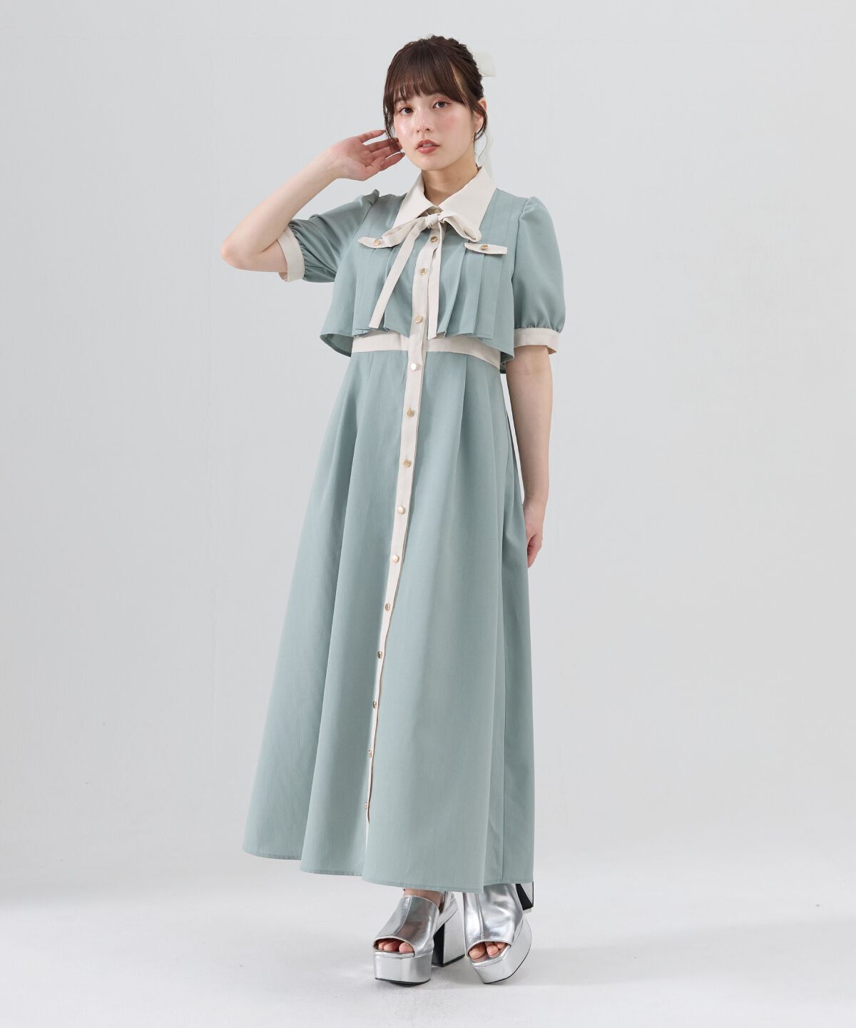 REDYAZEL「バイカラータックプリーツ半袖シャツワンピース」|ワンピース|