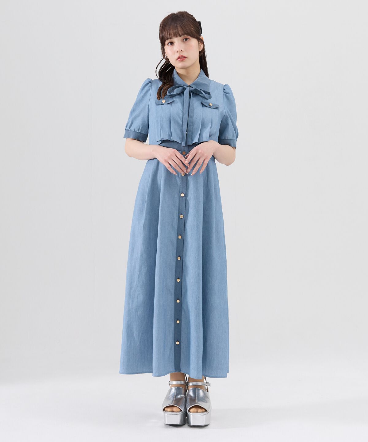 REDYAZEL「バイカラータックプリーツ半袖シャツワンピース」|ワンピース|