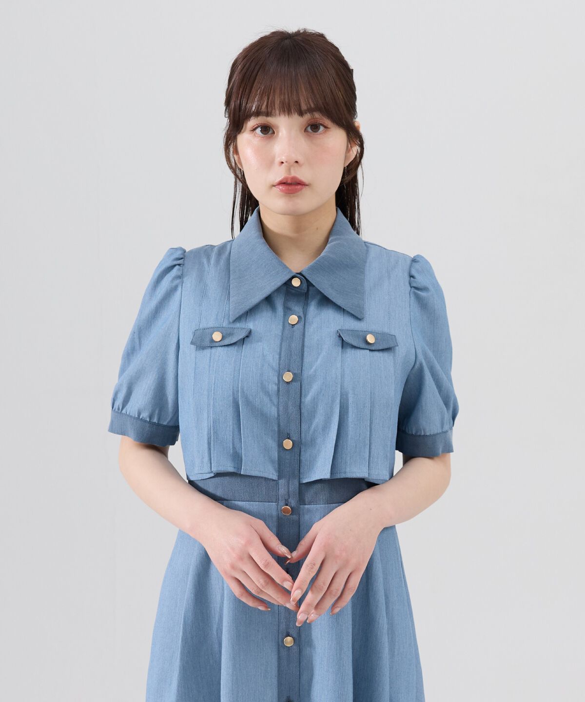 REDYAZEL「バイカラータックプリーツ半袖シャツワンピース」|ワンピース|