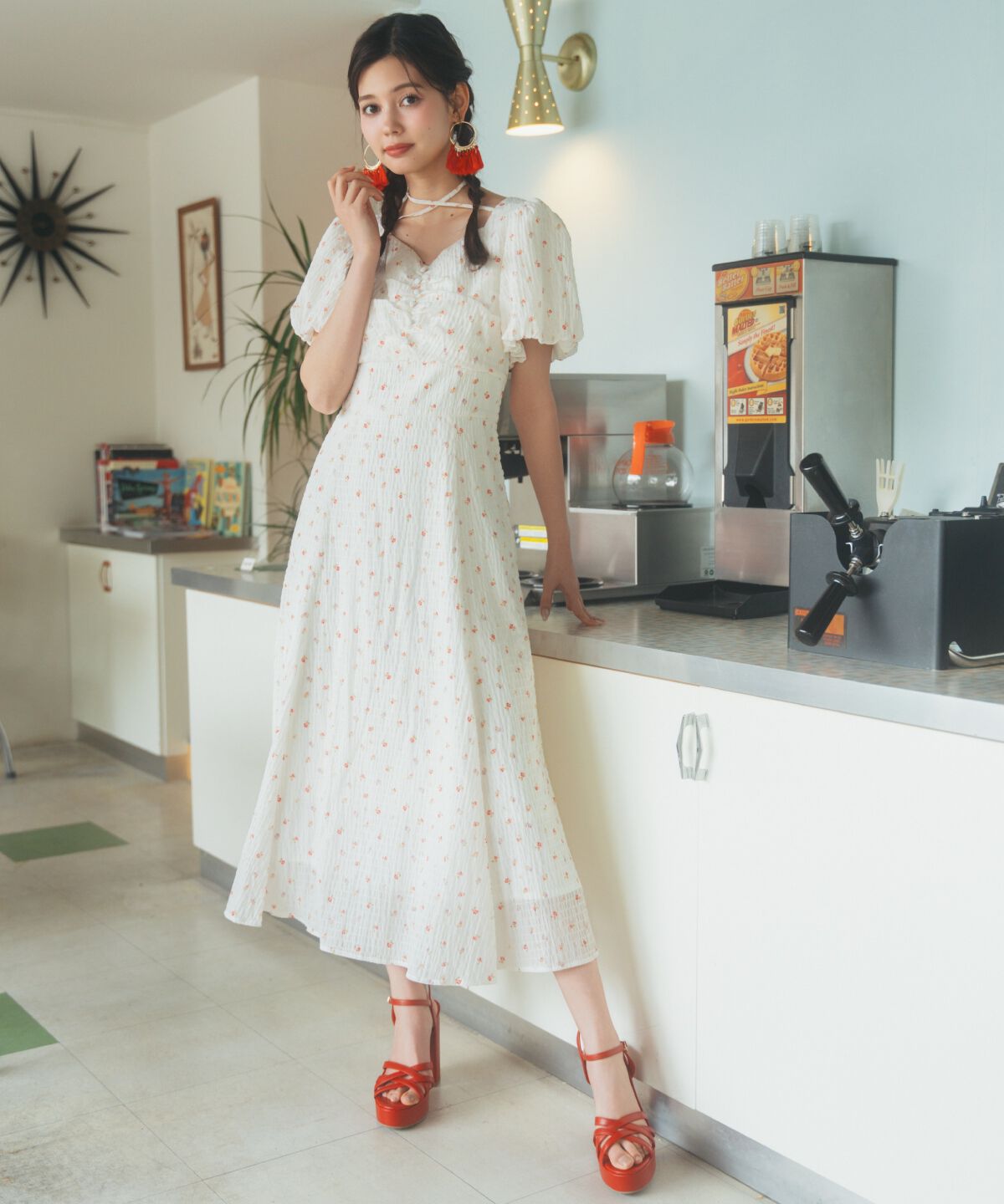 REDYAZEL「フラワープリントバルーンスリーブワンピース」|ワンピース|白系花柄