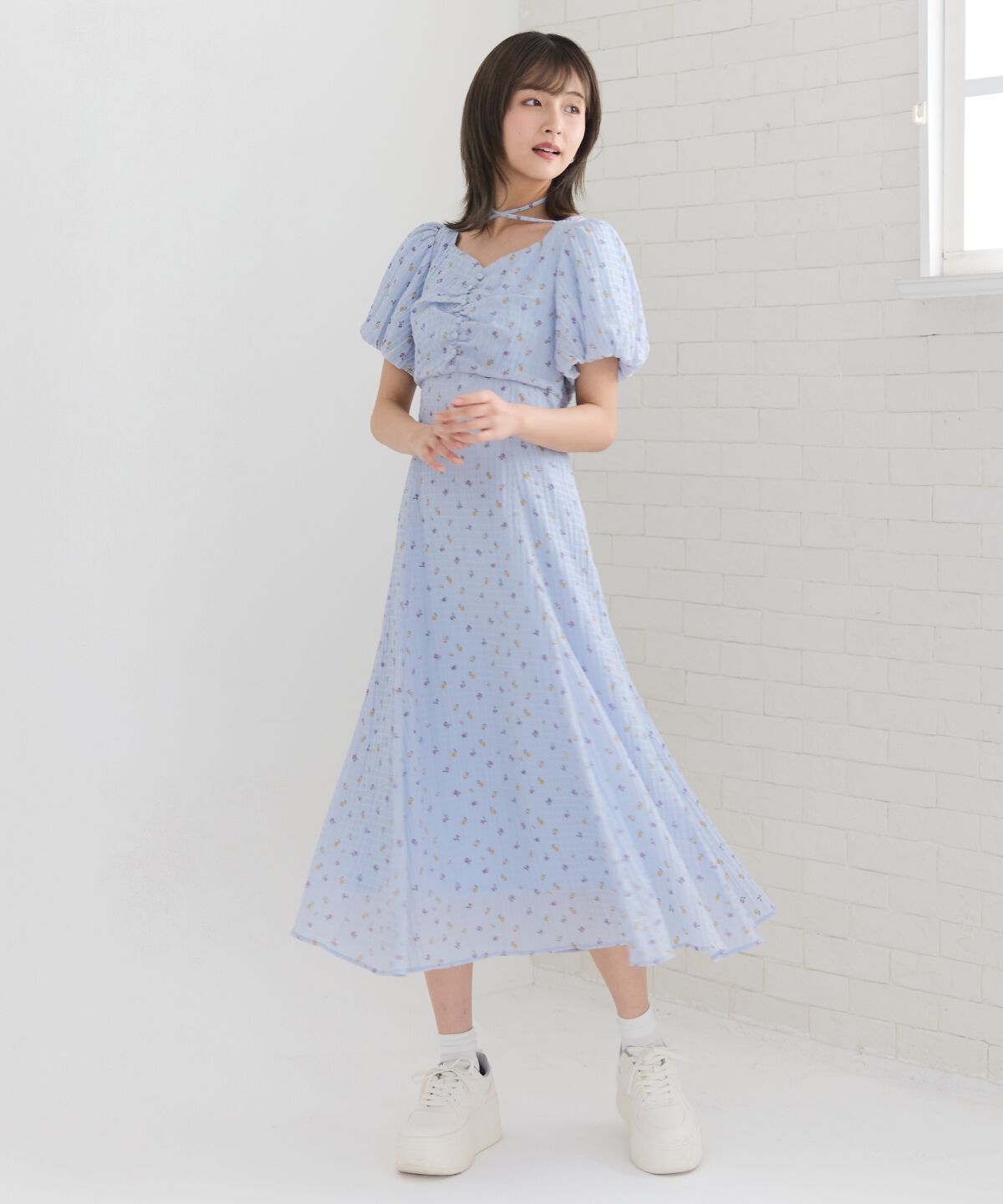 REDYAZEL「フラワープリントバルーンスリーブワンピース」|ワンピース|紺系花柄