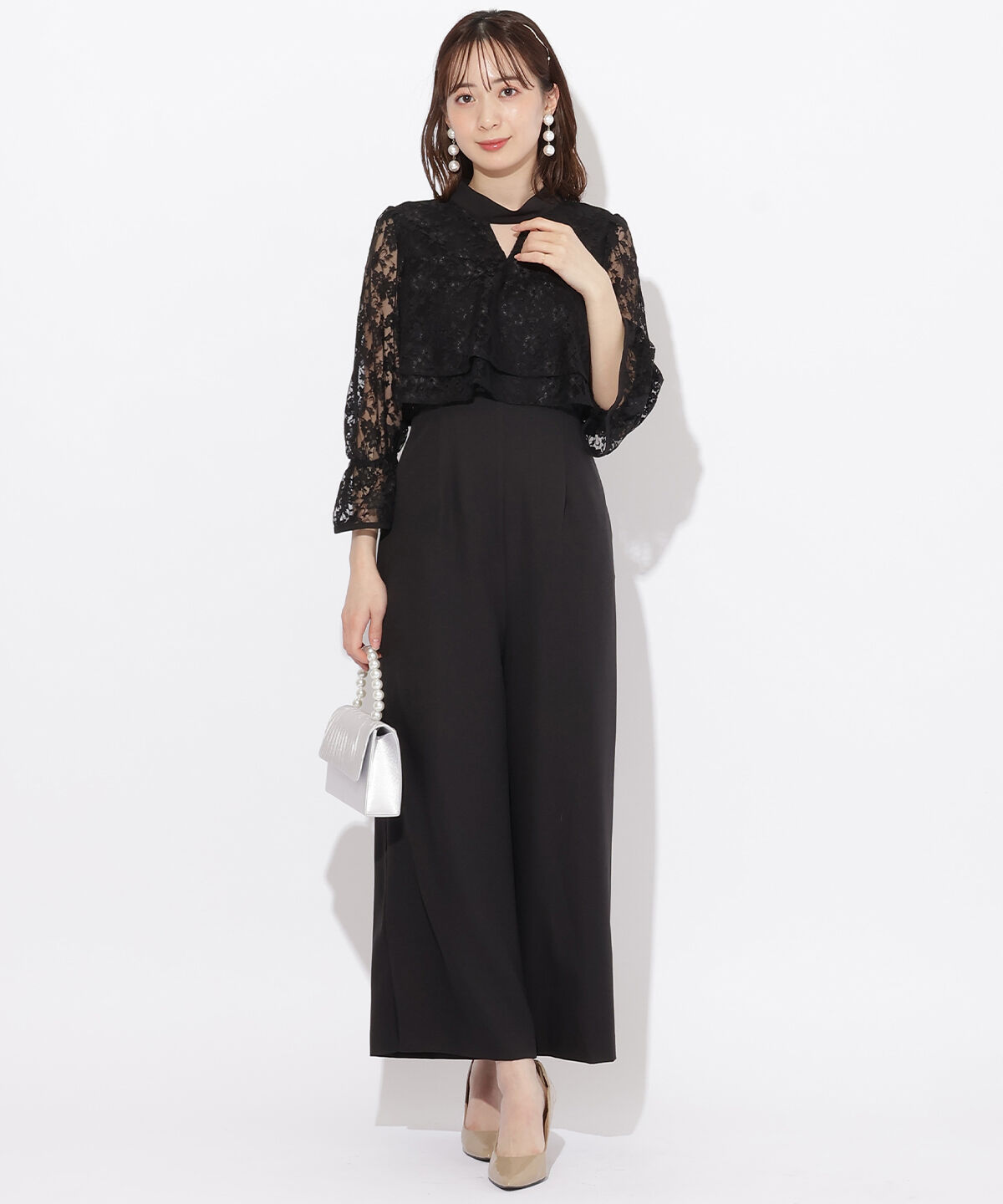 WILLSELECTION「レースレイヤードオールインワン」|ドレス|ブラック