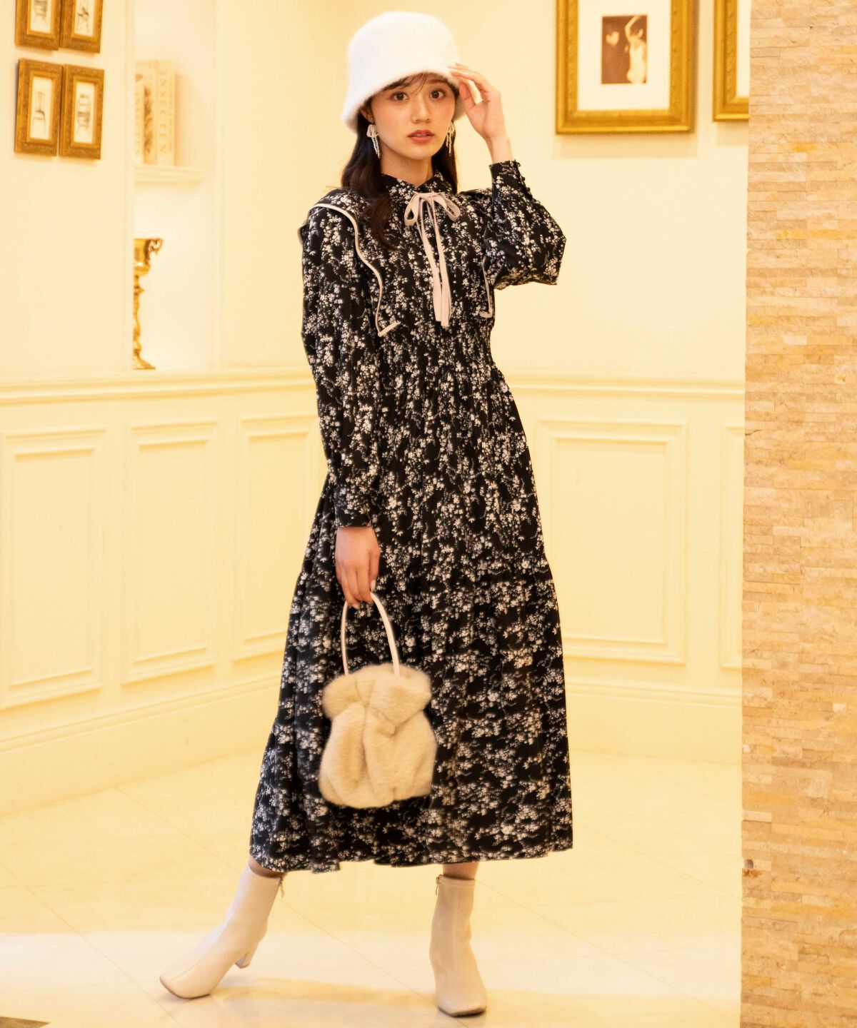 WILLSELECTION「ティアード切り替えパイピングフリルワンピース」|ワンピース|黒系花柄