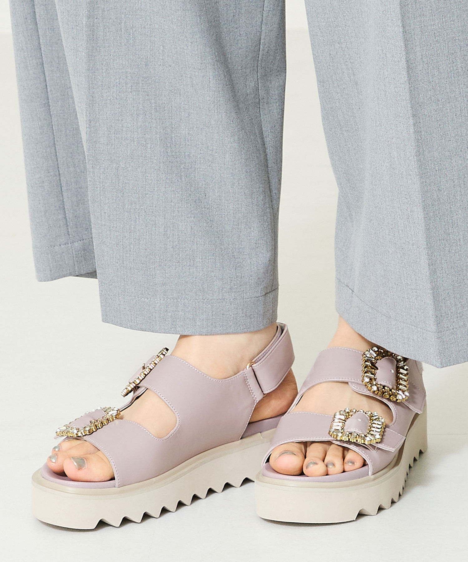 ORiental TRaffic「【アウトレット価格】厚底ビジューバックルサンダル/41201 スポサン 人気 トレンド 売れてる」|サンダル|PURPLE