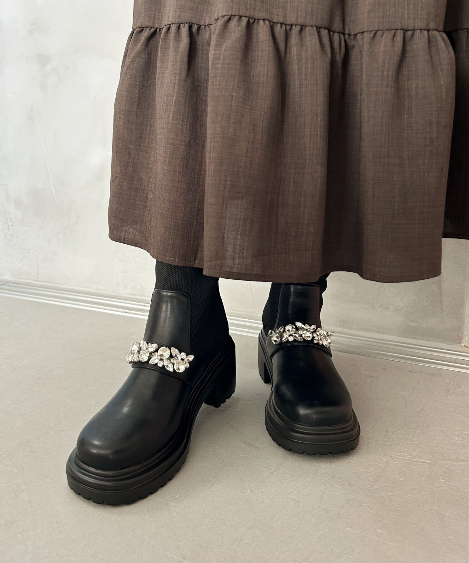 ORiental TRaffic「●2024秋冬新作●ビジューベルトニットドッキングブーツ/41415」|ショートブーツ|