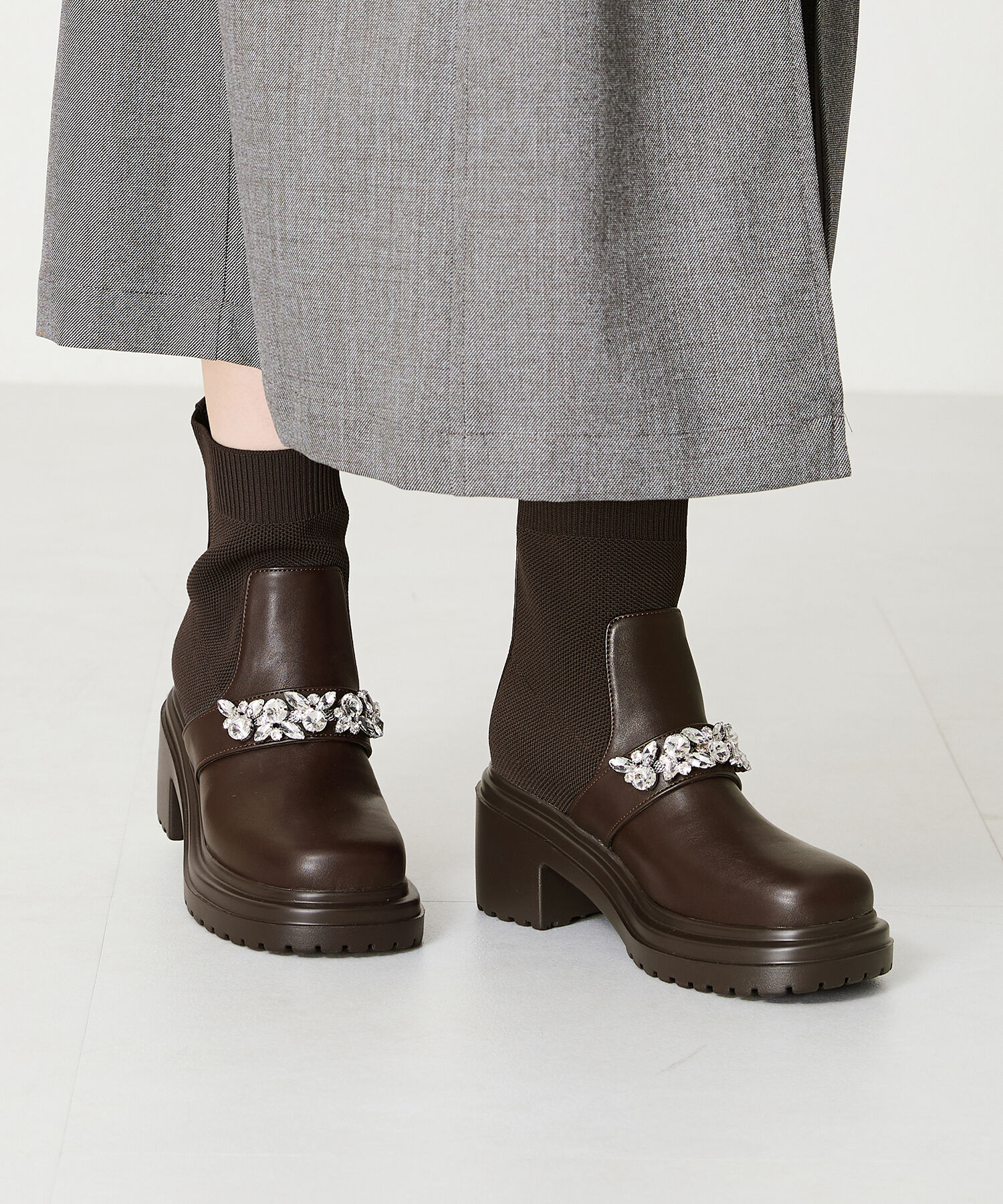 ORiental TRaffic「●2024秋冬新作●ビジューベルトニットドッキングブーツ/41415」|ショートブーツ|