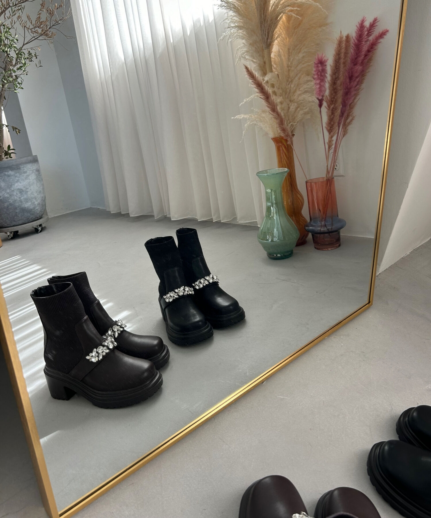 ORiental TRaffic「●2024秋冬新作●ビジューベルトニットドッキングブーツ/41415」|ショートブーツ|