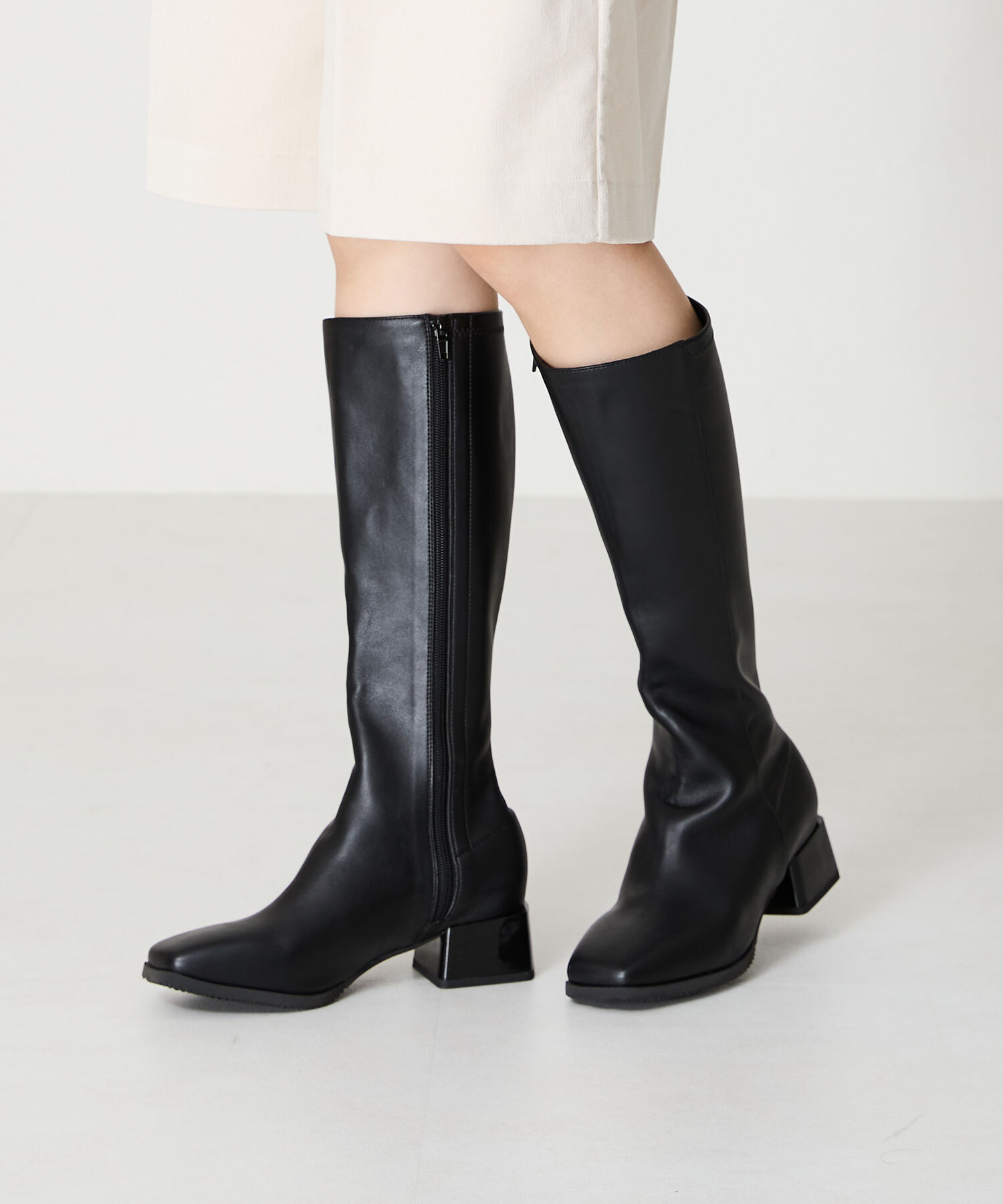 ORiental TRaffic「スクエアトゥ ミドルヒール ロングブーツ /41502 ヒール5ｃｍ」|ロングブーツ|BLACK