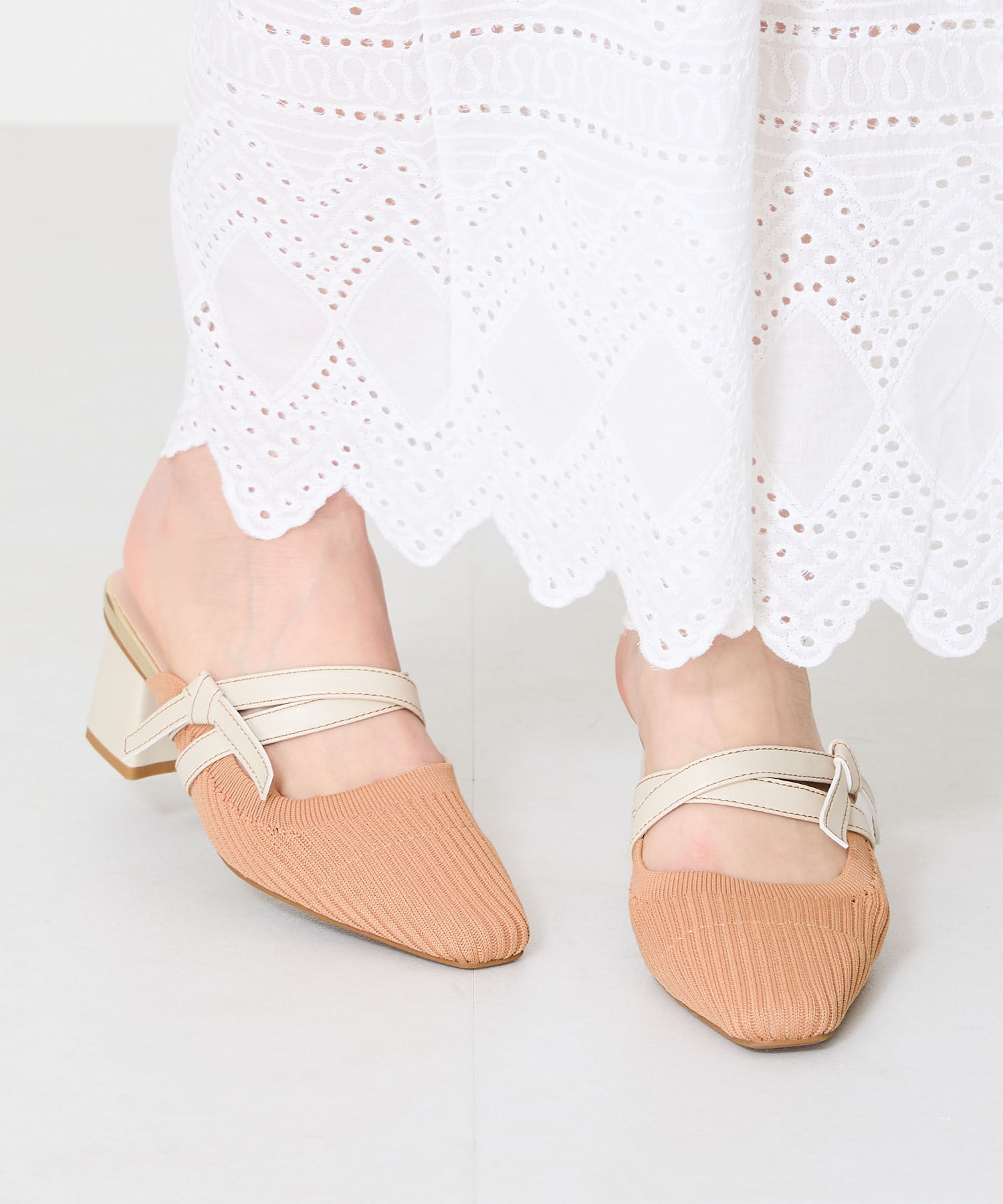 ORiental TRaffic「●2025春夏新作●ニット&times;リボンミュールパンプス/51120 パンプス ミュール ニット 人気 売れてる」|パンプス|