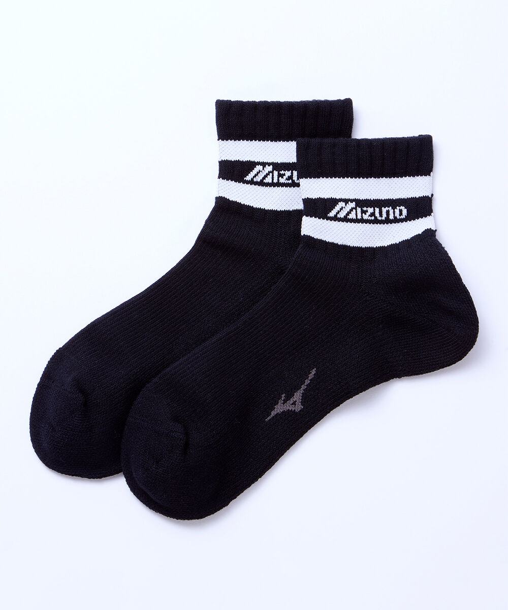MIZUNO「ドライベクター薄手パイルハーフソックス ロゴ＋ライン」|ソックス|ブラック