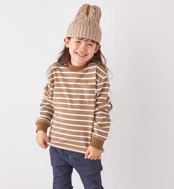 SHIPS any「SHIPS any: リンガーネック ボーダー 長袖 ポケット Tシャツ<KIDS>」|Tシャツ・カットソー|カーキ
