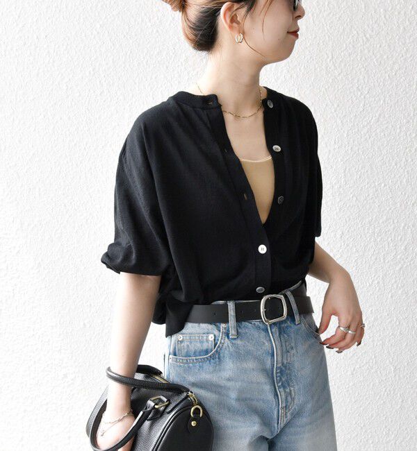 SHIPS any「SHIPS any:〈手洗い可能〉リネン ミックス ワイド パフ クルーネック シアー カーディガン」|カーディガン|