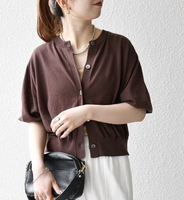 SHIPS any「SHIPS any:〈手洗い可能〉リネン ミックス ワイド パフ クルーネック シアー カーディガン」|カーディガン|