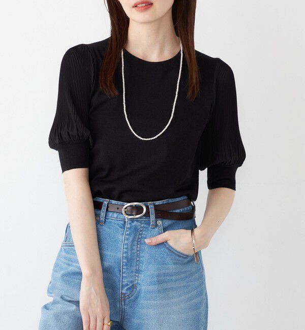 SHIPS Colors 「SHIPS Colors:〈手洗い可能〉プリーツ コンビ 5分袖 ニット◇」|ニット・セーター|ブラック