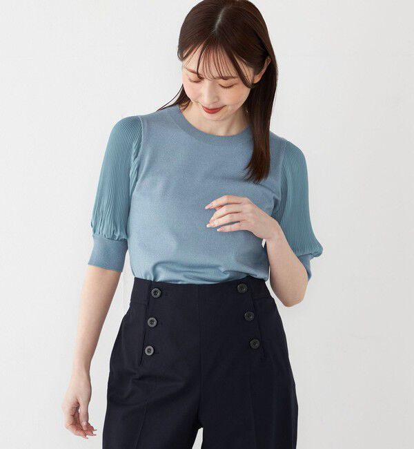 SHIPS Colors 「SHIPS Colors:〈手洗い可能〉プリーツ コンビ 5分袖 ニット◇」|ニット・セーター|ライトブルー