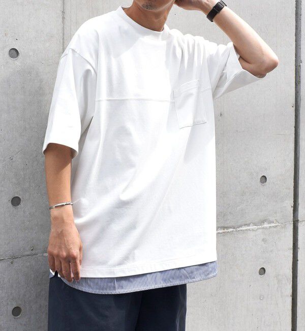 SHIPS any「SHIPS any: バックメッシュ / ストライプシャツ ドッキング フェイクレイヤード ポケット Tシャツ◇」|Tシャツ・カットソー|