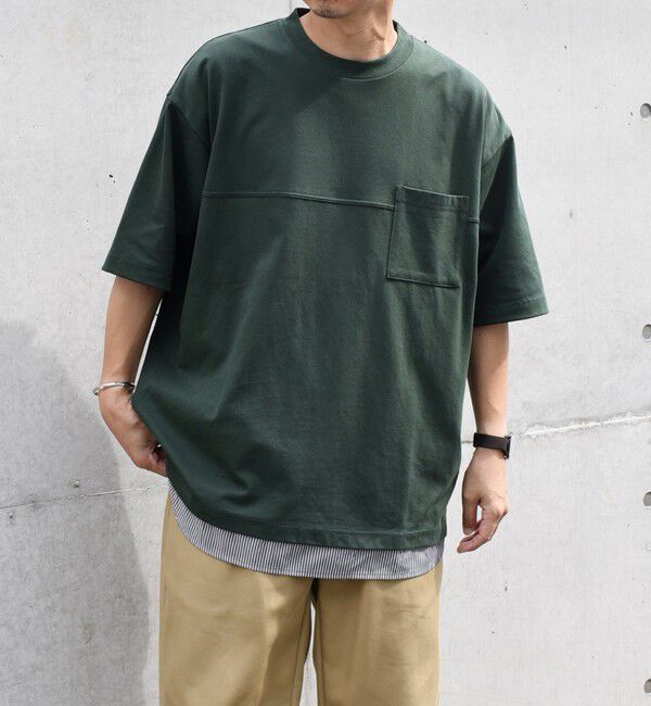 SHIPS any「SHIPS any: バックメッシュ / ストライプシャツ ドッキング フェイクレイヤード ポケット Tシャツ◇」|Tシャツ・カットソー|