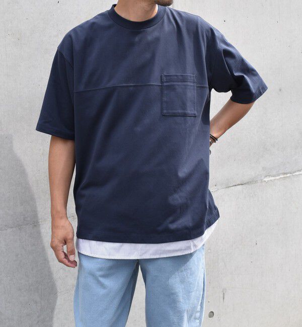 SHIPS any「SHIPS any: バックメッシュ / ストライプシャツ ドッキング フェイクレイヤード ポケット Tシャツ◇」|Tシャツ・カットソー|ネイビー