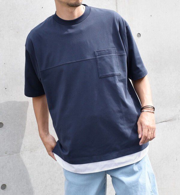 SHIPS any「SHIPS any: バックメッシュ / ストライプシャツ ドッキング フェイクレイヤード ポケット Tシャツ◇」|Tシャツ・カットソー|