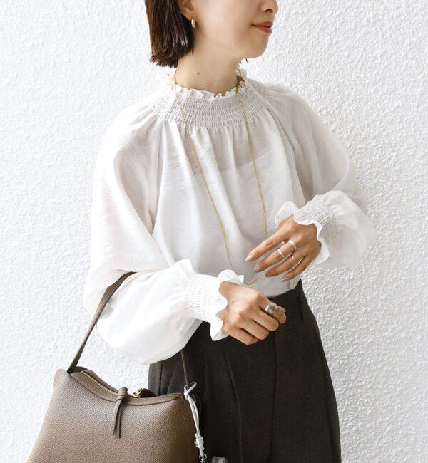 SHIPS for women「〈洗濯機可能〉シャーリング ネック 長袖 ブラウス」|シャツ・ブラウス|