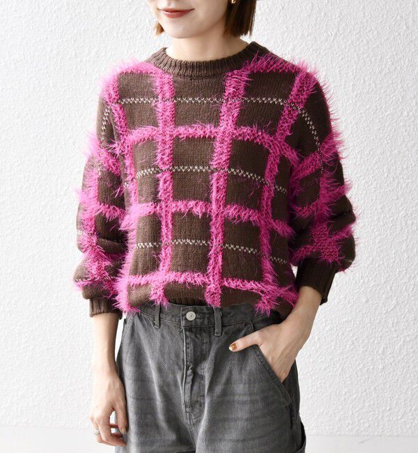 SHIPS any「SHIPS any:〈手洗い可能〉シャギー チェック クルーネック プルオーバー」|ニット・セーター|