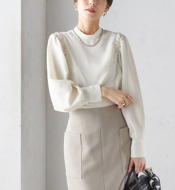 SHIPS for women「〈手洗い可能〉ウール混 スタンドカラー 袖 シャーリング ブラウス」|シャツ・ブラウス|オフホワイト