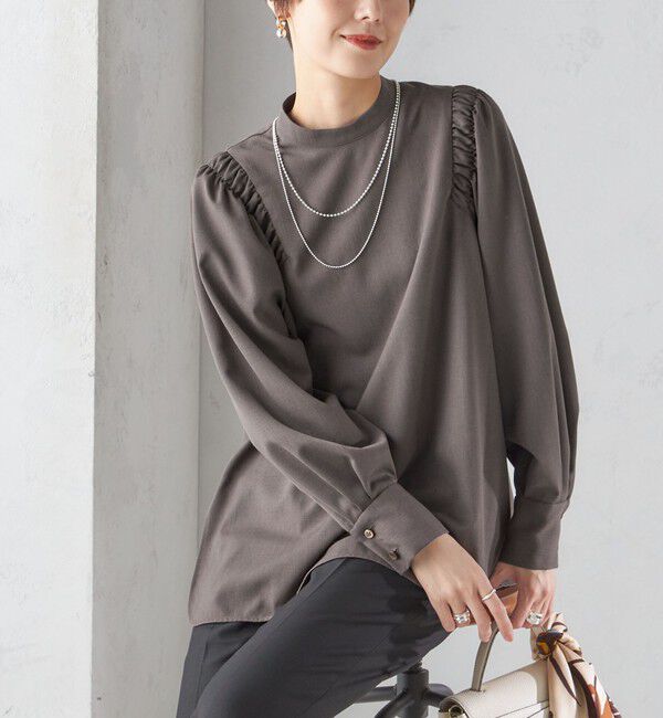 SHIPS for women「〈手洗い可能〉ウール混 スタンドカラー 袖 シャーリング ブラウス」|シャツ・ブラウス|ブラウン