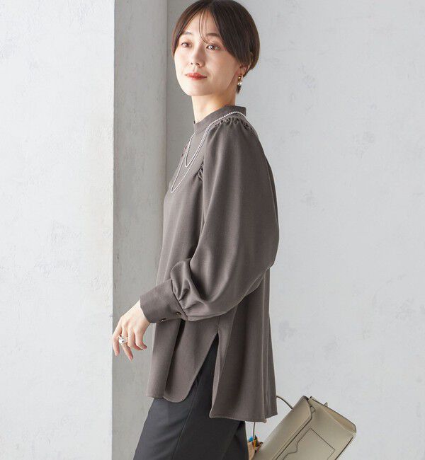 SHIPS for women「〈手洗い可能〉ウール混 スタンドカラー 袖 シャーリング ブラウス」|シャツ・ブラウス|