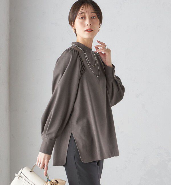 SHIPS for women「〈手洗い可能〉ウール混 スタンドカラー 袖 シャーリング ブラウス」|シャツ・ブラウス|