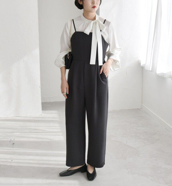 quaranciel「quaranciel:〈洗濯機可能〉ダブルクロス テーパード サロペット（セットアップ対応）」|オールインワン|チャコールグレー