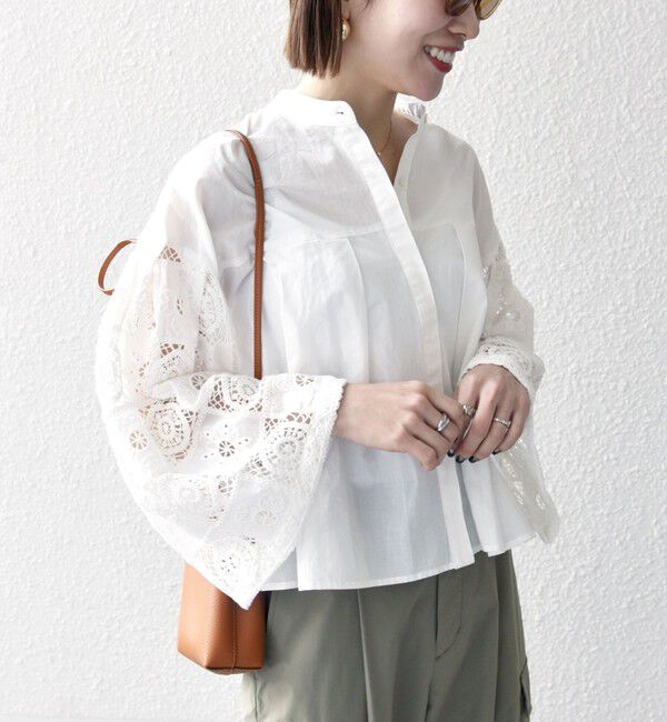 SHIPS any「SHIPS any:〈手洗い可能〉パッチワーク レース スリーブ バンドカラー シャツ」|シャツ・ブラウス|