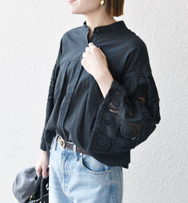 SHIPS any「SHIPS any:〈手洗い可能〉パッチワーク レース スリーブ バンドカラー シャツ」|シャツ・ブラウス|