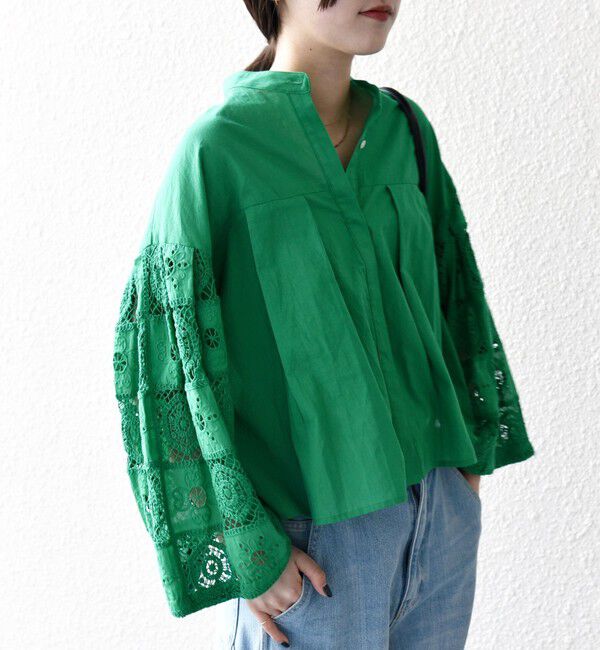 SHIPS any「SHIPS any:〈手洗い可能〉パッチワーク レース スリーブ バンドカラー シャツ」|シャツ・ブラウス|グリーン