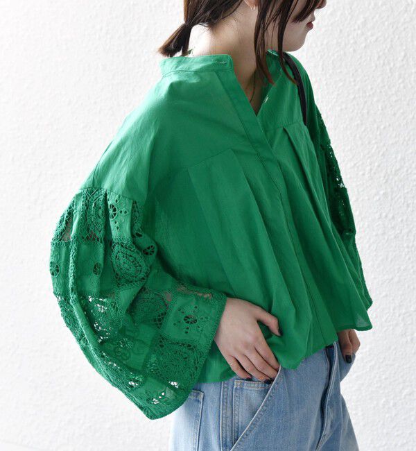 SHIPS any「SHIPS any:〈手洗い可能〉パッチワーク レース スリーブ バンドカラー シャツ」|シャツ・ブラウス|