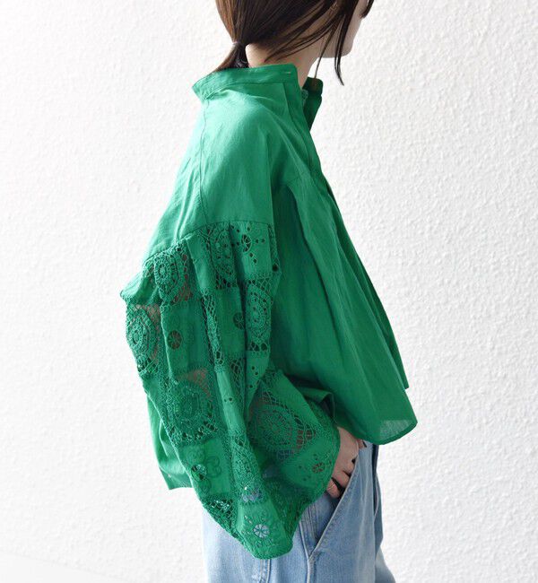 SHIPS any「SHIPS any:〈手洗い可能〉パッチワーク レース スリーブ バンドカラー シャツ」|シャツ・ブラウス|