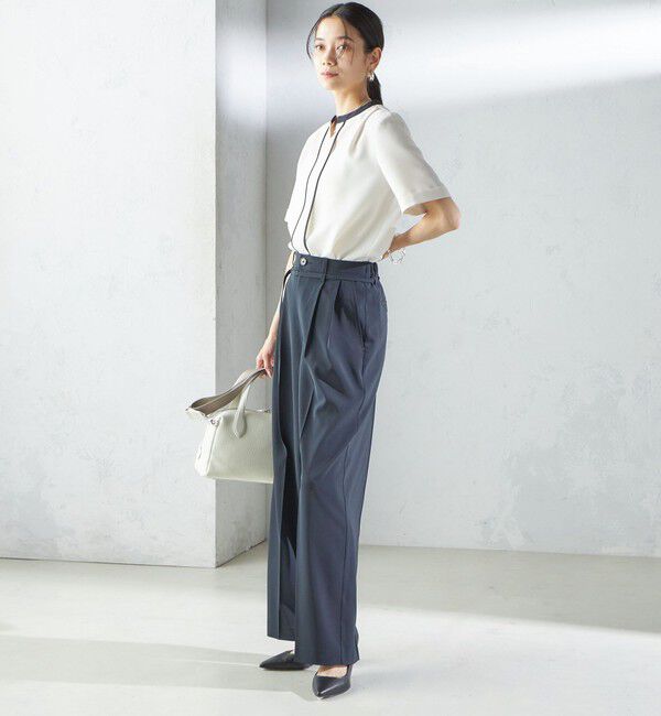 SHIPS for women「〈手洗い可能〉パイピング キーネック 半袖 ブラウス」|シャツ・ブラウス|