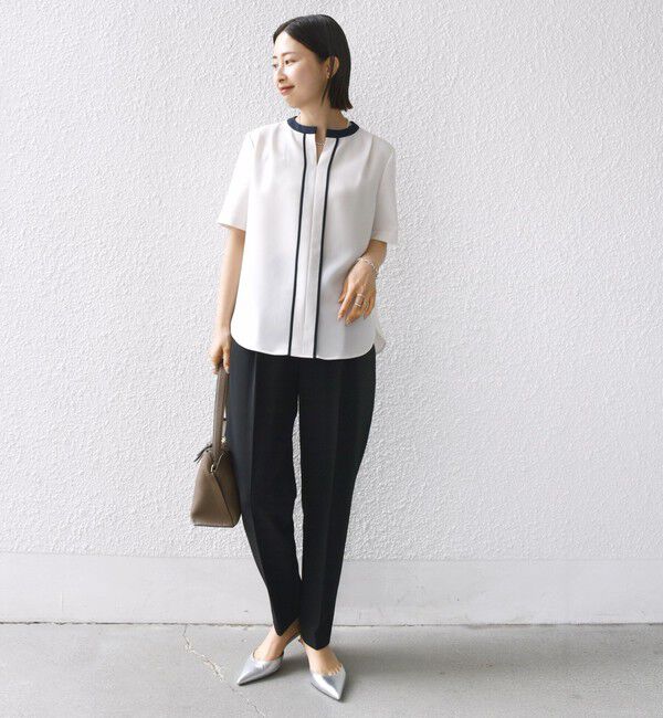 SHIPS for women「〈手洗い可能〉パイピング キーネック 半袖 ブラウス」|シャツ・ブラウス|