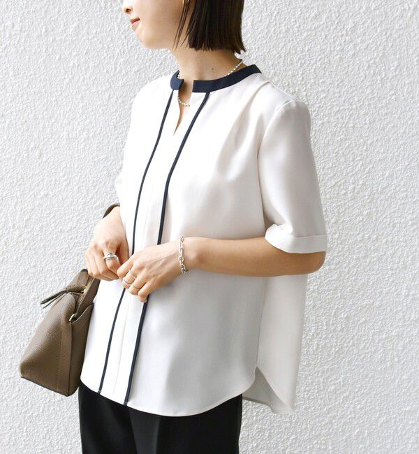 SHIPS for women「〈手洗い可能〉パイピング キーネック 半袖 ブラウス」|シャツ・ブラウス|
