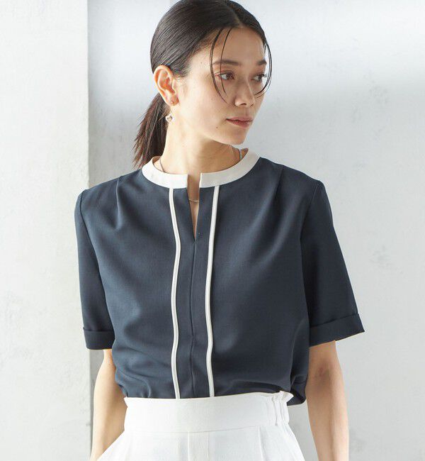 SHIPS for women「〈手洗い可能〉パイピング キーネック 半袖 ブラウス」|シャツ・ブラウス|ネイビー