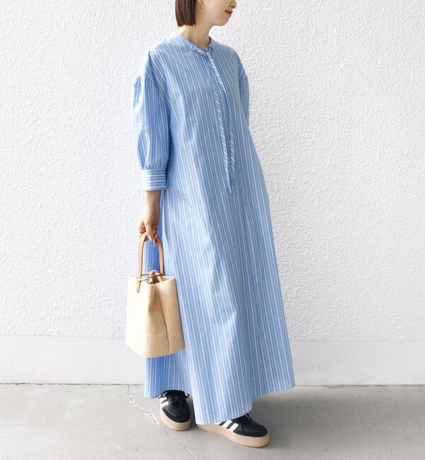 SHIPS for women「〈手洗い可能〉スタンドカラー リボン ストライプ シャツ ワンピース」|ワンピース|