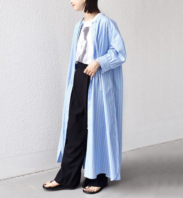 SHIPS for women「〈手洗い可能〉スタンドカラー リボン ストライプ シャツ ワンピース」|ワンピース|