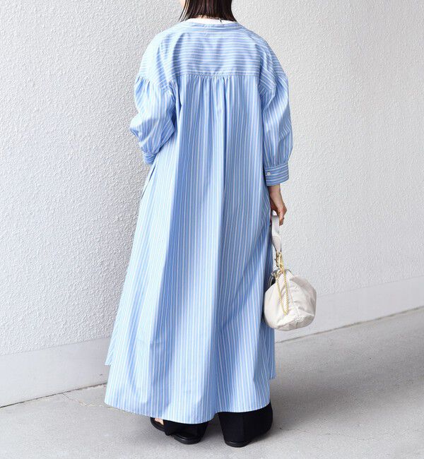 SHIPS for women「〈手洗い可能〉スタンドカラー リボン ストライプ シャツ ワンピース」|ワンピース|