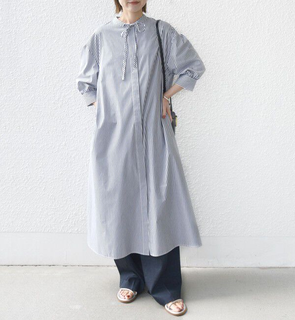 SHIPS for women「〈手洗い可能〉スタンドカラー リボン ストライプ シャツ ワンピース」|ワンピース|