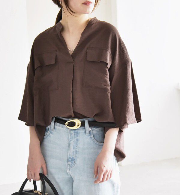 quaranciel「quaranciel:〈手洗い可能〉フレア ハーフスリーブ バンドカラー スキッパー シャツ」|シャツ・ブラウス|